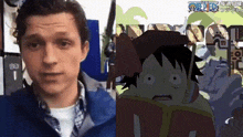 a man in a blue jacket is standing next to a picture of a cartoon character .
