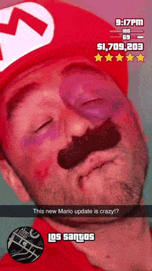 a man in a mario costume has a snapchat that says this new mario update is crazy ?