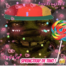 a picture of a monster with a hat and a lollipop with the words babygirl springtrap de tino