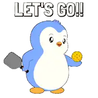a penguin holding a spatula and a cookie with the words let 's go