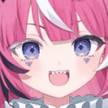 a close up of a pink anime girl with blue eyes and a smile on her face .