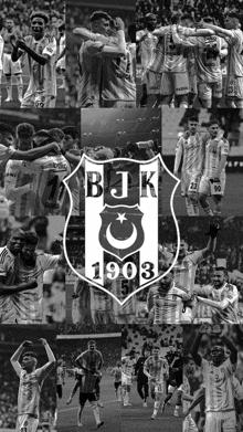 a black and white collage of soccer players with the bjk 1903 logo in the middle