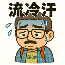 a cartoon of a man with glasses and a shirt that says grow on it