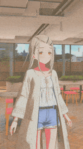 a girl in a white coat and shorts is standing in a room with tables and chairs