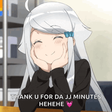 a girl with long white hair is smiling with the words thank u for da jj minutes behind her