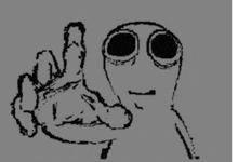 a black and white drawing of a hand with big eyes