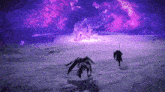 a purple background with a few birds flying in the snow