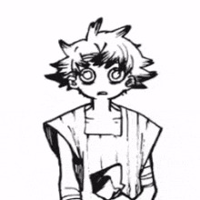 a black and white drawing of a boy with a cat 's ears holding a bottle .