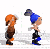 two cartoon characters are standing next to each other on a white surface .