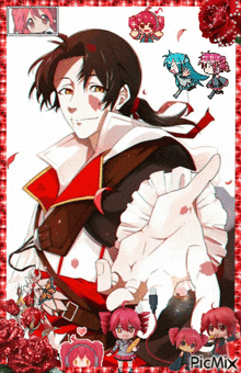 a picture of a man in a red and white outfit is surrounded by red roses and a picmix watermark