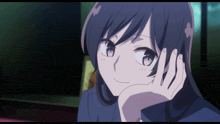 a close up of a anime girl with her hand on her face