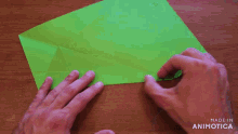 a person is holding a piece of green paper with the words made in animotica on the bottom right