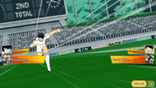 a soccer game is being played in a stadium and the scoreboard says 2nd total