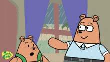 two cartoon bears are standing next to each other with pants bear written on the bottom