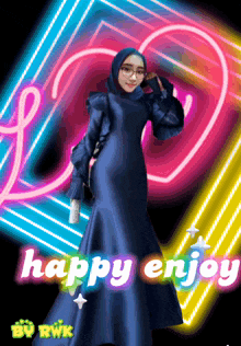 a girl in a blue dress is standing in front of a neon sign that says happy enjoy