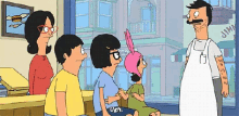 bob 's burgers is a cartoon show about a family sitting at a counter