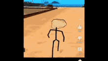 a stick figure with a troll face on it is standing on a table in a video game .