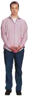 a man in a pink and white striped shirt and blue pants