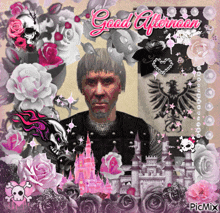 a man with a beard is surrounded by pink roses and a castle and says good afternoon