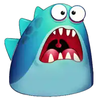a blue cartoon character with big eyes and a big mouth