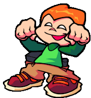 a cartoon of a boy with a green shirt and brown pants