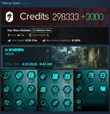 a screenshot of a game called star wars outlaws showing a talking stats screen