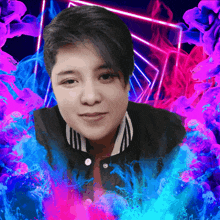 a girl with short hair is surrounded by purple and blue smoke