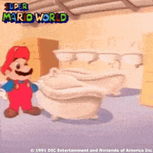 a cartoon of mario standing next to a bathtub with the words super mario world above him