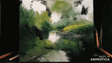a painting of a river with the words made in animotica below it