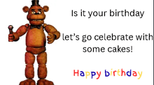a birthday card with a freddy bear holding a microphone