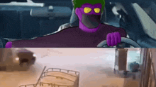 a cartoon character wearing a mask is driving a car next to a drawing of a truck .