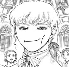 a black and white drawing of a woman with a smirk on her face