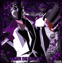 a man in a suit and tie is holding a gun and the name mash de smith is on the bottom right