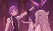 a couple of anime characters standing next to each other in a dark room .