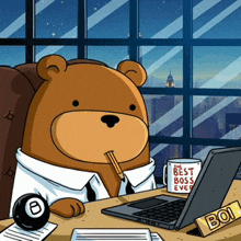 a cartoon of a teddy bear sitting at a desk with a laptop and a mug that says the best boss ever