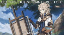 a pixel art of a man painting on an easel with a caption that says get this fucking paint brush out of my face