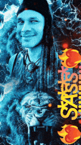 a man with dreadlocks is surrounded by a lion and the word sirius is visible