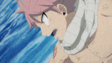 a shirtless anime character with a scarf around his neck is looking at something