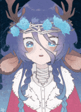 a drawing of a girl with a crown of blue flowers on her head