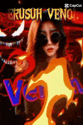 a woman wearing sunglasses stands in front of a sign that says ersush venom