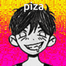 a black and white drawing of a boy with a smiley face and the word pizza .