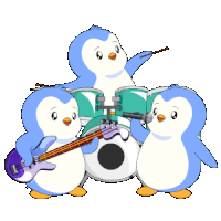 a group of penguins are playing drums and a guitar
