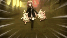 a girl is running with a bunch of stuffed animals in a video game .