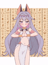 a drawing of a girl with purple hair and a white dress