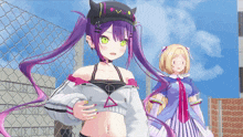 a girl with purple hair and green eyes stands next to another girl with blonde hair