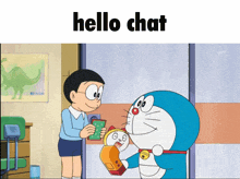 a cartoon of a boy giving a gift to doraemon says hello chat