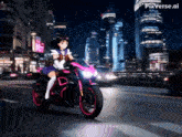 a girl is riding a motorcycle with pixverse.ai written on the bottom