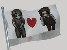 a flag with two cartoon characters and a heart