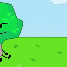 a green leaf with arms and legs is smiling in a field with a tree in the background