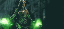 a person in a costume is standing in a dark room with green smoke coming out of their arms .
